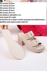 Bej Cilt Altın Toka Topuklu Kadın Çift Tokalı Terlik