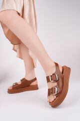 Kadın Arkası Lastikli Çift Tokalı Sandalet Beyaz Cilt Altın Toka