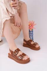 Kadın Arkası Lastikli Çift Tokalı Sandalet Beyaz Cilt Altın Toka