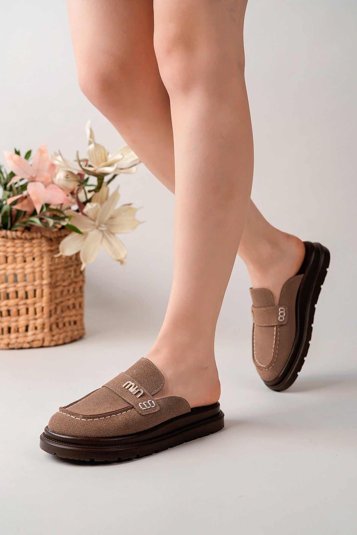 Kadın Loafer Tokalı Terlik Vizon Süet - 39