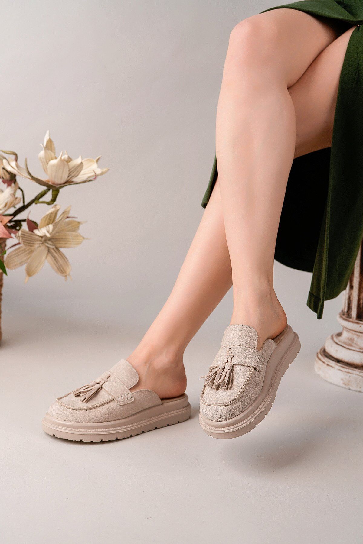 Kadın Loafer Püsküllü Terlik BEJ SÜET - 37