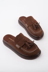 Kadın Loafer Püsküllü Terlik Kahve Süet - 40