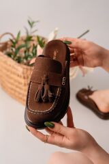Kadın Loafer Püsküllü Terlik Kahve Süet - 38