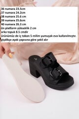 Kadın Bej Süet Topuklu Çift Tokalı Terlik Siyah cilt siyah toka - 40